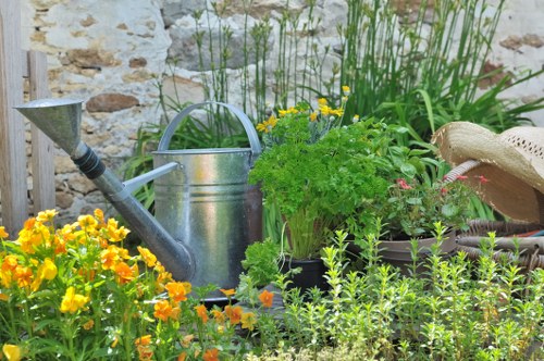 Professional garden maintenance staff with safety awareness